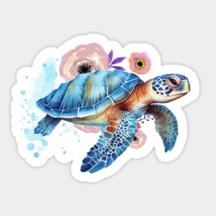 Trendy Watercolor Floral Sea Turtle . Sticker